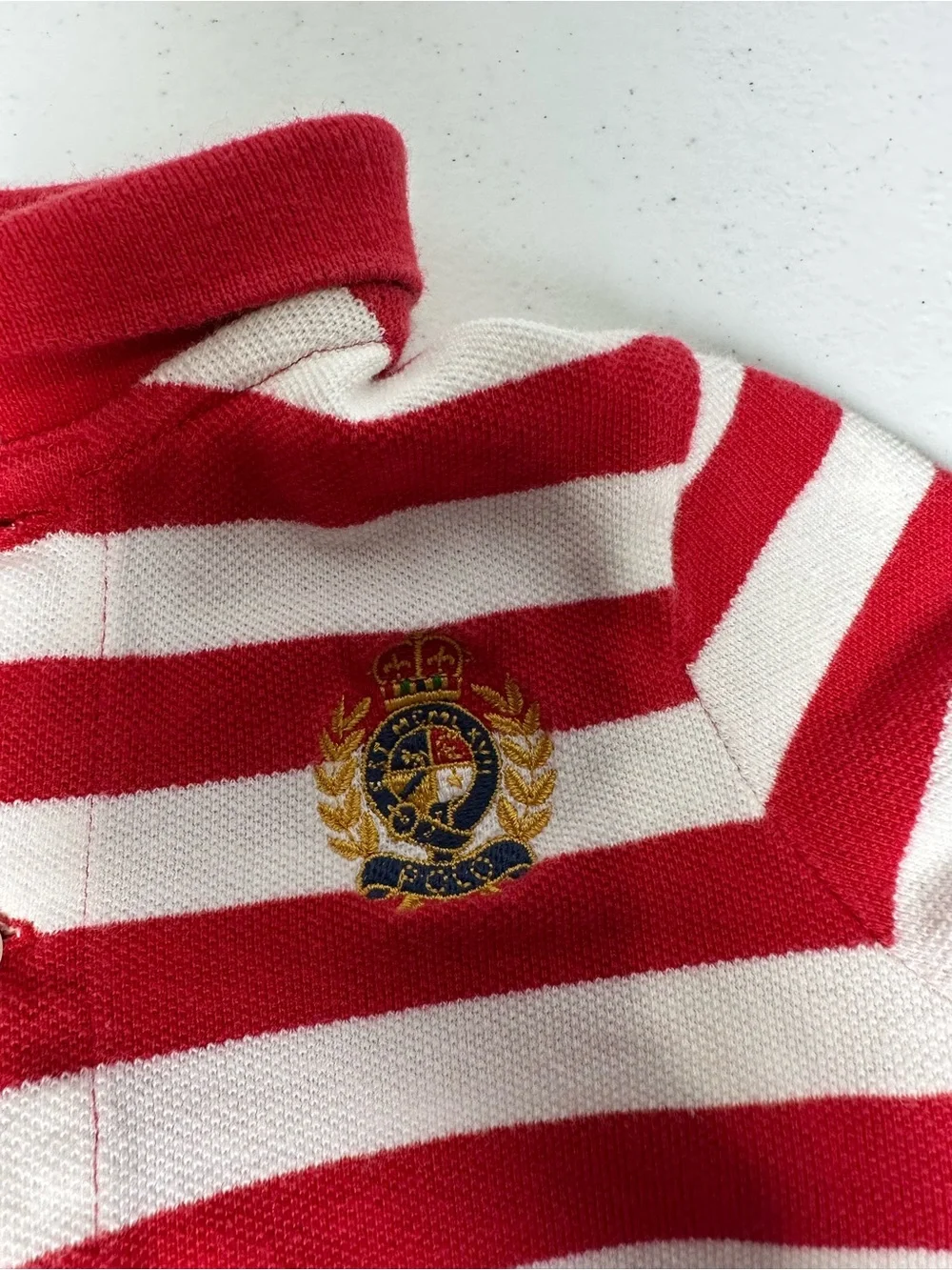 Ralph Lauren Red and White Striped Polo Shirt with Crest
